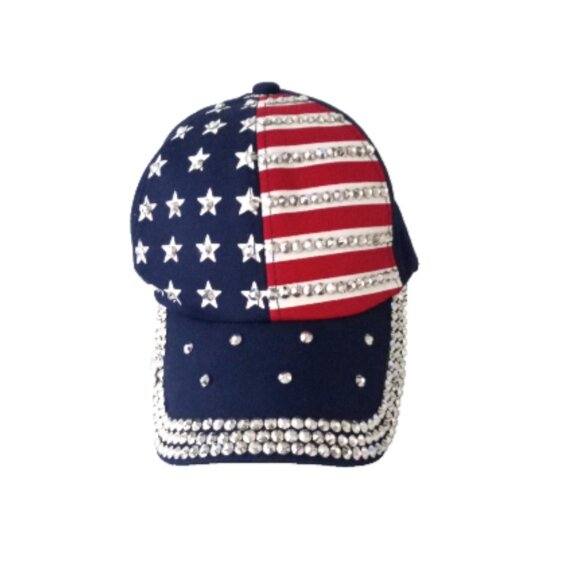 Women’s USA Patriotic Baseball Cap Hat Stars & Stripes Rhinestones Adjustable - Picture 2 of 8